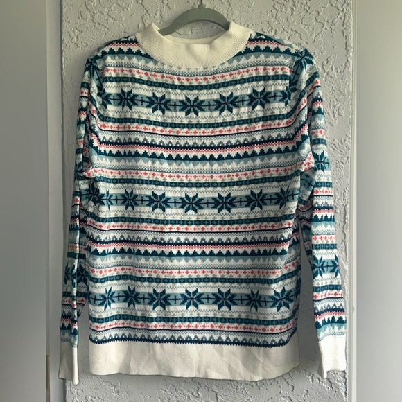 Talbots Sweaters - Talbots Teal and Ivory Patterned Mock Neck Sweater